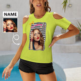 Custom Face&Name Shirts Women's Yellow Bow Tie Off The Shoulder Round Neck Short Sleeve Top