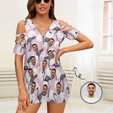 Custom Face Pink Flamingo Short Sleeve Zip Off Shoulder Top Perfect Gift for Her Printed Top with Image