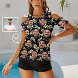 Custom Face Shirts Tropical Leaves Off The Shoulder Round Neck Short Sleeve Top Put Your Face on Shirt