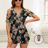 Custom Face Small Flower Short Sleeve Zip Off Shoulder Top Create Your Own Photo Design Casual Top