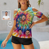 Custom Face Tee Rainbow Color Women's Off The Shoulder Round Neck Short Sleeve Top Put Your Face on Shirt