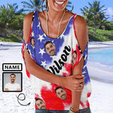 Custom Name&Face American Flag Tank Tops with Photo Women's Tie Neck Cold Shoulder Top