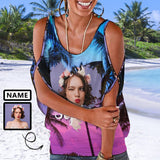 Custom Name&Photo Tank Tops Personalized Heart Women's Tie Neck Cold Shoulder Top with Pictures