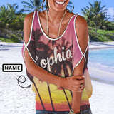 Custom Name Tank Tops Personalized Palm Tree Women's Tie Neck Cold Shoulder Top