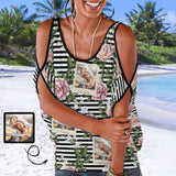 Custom Photo Tank Top Personalized Striped Flowers Women's Tie Neck Cold Shoulder Top
