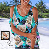 Custom Photo Tank Tops Tropical Leaves Women's Tie Neck Cold Shoulder Top