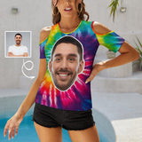 Personalized My Face on A Shirt Rainbow Color Tie Dye Off The Shoulder Round Neck Short Sleeve Top for Her