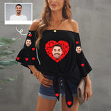Custom Face Red Heart Shirts Women's Off Shoulder Knot Front Blouse Tops