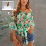 Custom Face Shirts Pink Flamingo Women's Off Shoulder Knot Front Blouse Tops