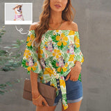 Personalized Face Off Shoulder Knot Front Blouse Tops Women's Design Colorful Plants 3/4 Bell Sleeve Shirts with Puppy Picture