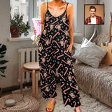 Persoanlized Sleepwear Custom Photo Funny Loungewear With Faces On Women's Christmas Candy Cane Snowflake Suspender Jumpsuit Loungewear