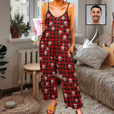Persoanlized Sleepwear Custom Photo Funny Loungewear With Faces On Women's Red Plaid Christmas Hat Suspender Jumpsuit Loungewear