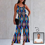 Custom Face Colorful Curve Women's Summer Casual Spaghetti Strap V Neck Oversized Wide Leg Jumpsuit Pockets Beach Travel Outfits