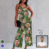 Custom Face Green Purple Leaves Women's Summer Casual Spaghetti Strap V Neck Oversized Wide Leg Jumpsuit Pockets Beach Travel Outfits