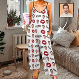 Persoanlized Sleepwear Custom Photo Funny Loungewear With Faces On Them Women's Red Lips  Suspender Jumpsuit Loungewear