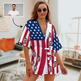 Custom Husband Face Star Strip Flag Women's Summer Short Sleepwear Personalized Photo Pajamas Kimono Robe