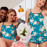 Custom Face Pajamas Blue floral Print Comfy Soft Sleepwear Personalized Women's Sexy Cami Pajama Set
