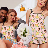Custom Face Pajamas for Women Pink floral Print Sleepwear Personalized Women's Sexy Cami Pajamas Set