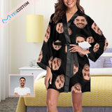 Custom Boyfriend Face Black Background Women's Short Pajamas Funny Personalized Photo Pajamas Kimono Robe