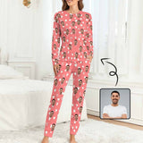 Custom Boyfriend Face Love Heart Christmas Hat Pink Background Sleepwear Personalized Women's Crewneck Long Pajamas Set