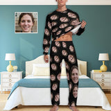 Custom Face Cute Black Crewneck Long Sleeve Pajama Set Personalized Photo Sleepwear Sets Nightwear for Men&Women