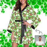 Custom Face Cute Green Clover Women's Short Pajama Kimono Robe