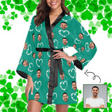 Custom Face Green Lucky Heart Women's Short Pajama Kimono Robe