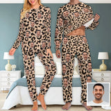 [High Quality]Custom Face Leopard Men's Pajamas Personalized Photo Sleepwear Sets Funny Nightwear for Him