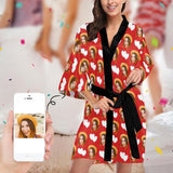 Custom Face Love Heart Red Women's Summer Short Pajamas Personalized Photo Pajamas Kimono Robe