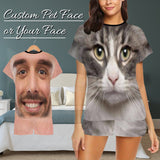 PRICE DROP-Custom Face Pet Pajamas Gray Cute Kitty Loungewear Personalized Photo Women's Short Pajama Set