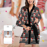 Custom Husband Face Black Christmas Hat Women's Summer Short Pajamas Funny Personalized Photo Pajamas Kimono Robe