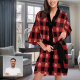 Custom Husband Face Grid Red Black Women's Summer Short Pajamas Personalized Photo Pajamas Kimono Robe