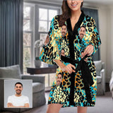 Custom Husband Face Leopard Print Women's Summer Short Nightwear Personalized Photo Pajamas Kimono Robe