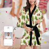Custom Husband Face Pineapple Green Women's Summer Short Sleepwear Funny Personalized Photo Pajamas Kimono Robe