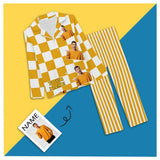 Custom My Boyfriend Name&Photo Pajamas Yellow Grid Stripe Sleepwear Personalized Women's Long Pajama Set