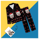 Custom Pet Cat Face Pajamas Christmas Hat Printing Sleepwear Personalized Women's Slumber Party Long Pajama Set