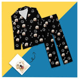 Custom Pet Face Pajamas Dog Paw Black Background Sleepwear Personalized Women's Long Pajama Set