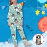 Custom Photo Cartoon Pajamas Cat light Green Sleepwear Personalized Kids Long Sleeve Pajama Set