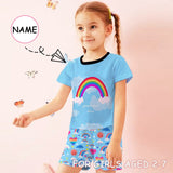 Little Kids Pajamas Custom Name Rainbow Blue Sleepwear Personalized Short Sleeve Pajama Set For Girls 2-7Y