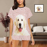PRICE DROP-Personalized Pet Photo Pajamas Dots Pink Sleepwear Custom Women's Short Pajama Set with Pets Face