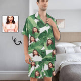 Personalized Photo Pajamas For Men Summer Loungewear Custom Leaves Men's V-Neck Short Sleeve Pajama Set