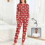 【Special Christmas Sale】Custom Boyfriend Face Pajamas Love Heart Christmas Hat Sleepwear Personalized Women's Crewneck Long Pajamas Set