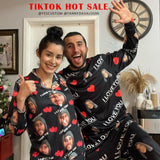 [TikTok Hot Selling] Custom Face Black Couple Matching Pajamas I Love You Sleepwear Sets Funny Long Sleeve Nightwear