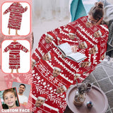 Wearable Blanket Hoodie Custom Face Red Christmas Pattern Blanket Hoodie for Adult&Kids Personalized Oversized Hoodie Fleece Blanket Photo Gifts