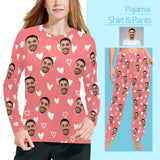 Custom Face White Heart Pink Long Pajama Shirt&Pants Personalized Women's Slumber Party Sleepwear