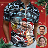 #Plus-Size Custom Couple Face Santa Elk Men's Short Sleeve Polo Shirt Personalized Zipper All Over Print Golf Shirt