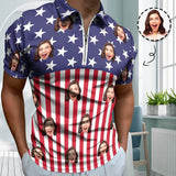 #Plus-Size Custom Face US Flag Men's Short Sleeve Polo Shirt Personalized Zipper All Over Print Golf Shirt