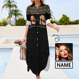 Custom Face & Name Black Pattern Women's Long Sleeved Shirt Dress Casual Loose Maxi Dresses