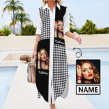Custom Face & Name Black White Houndstooth Women's Long Sleeved Shirt Dress Casual Loose Maxi Dresses