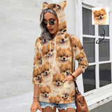 Custom Pet Face Hoodie Seamless Pictures Three Quarter Sleeve Cool Hoodie Designs Women's Cat Ear Hooded Pullover